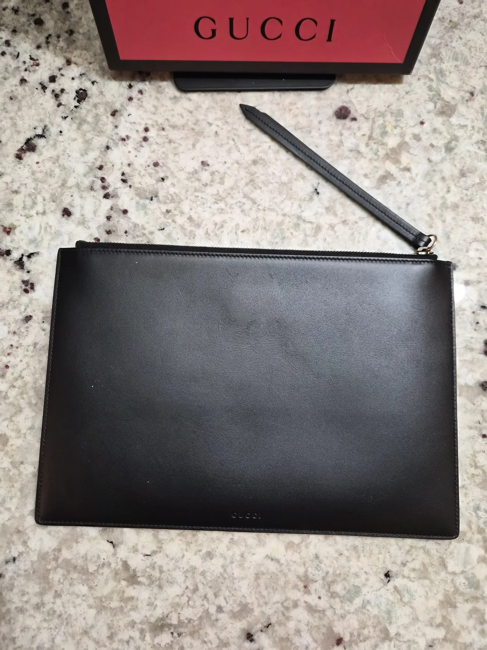 Authentic Gucci Ghost Life is Gucci Leather Zip Pouch Black Portfolio Box Rare